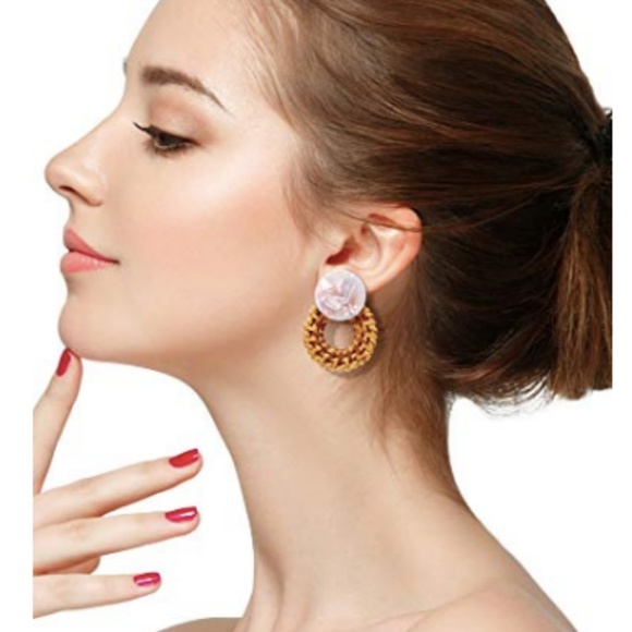 New Handmade Earrings Marble Wood Rattan Ivory - Picture 3 of 9